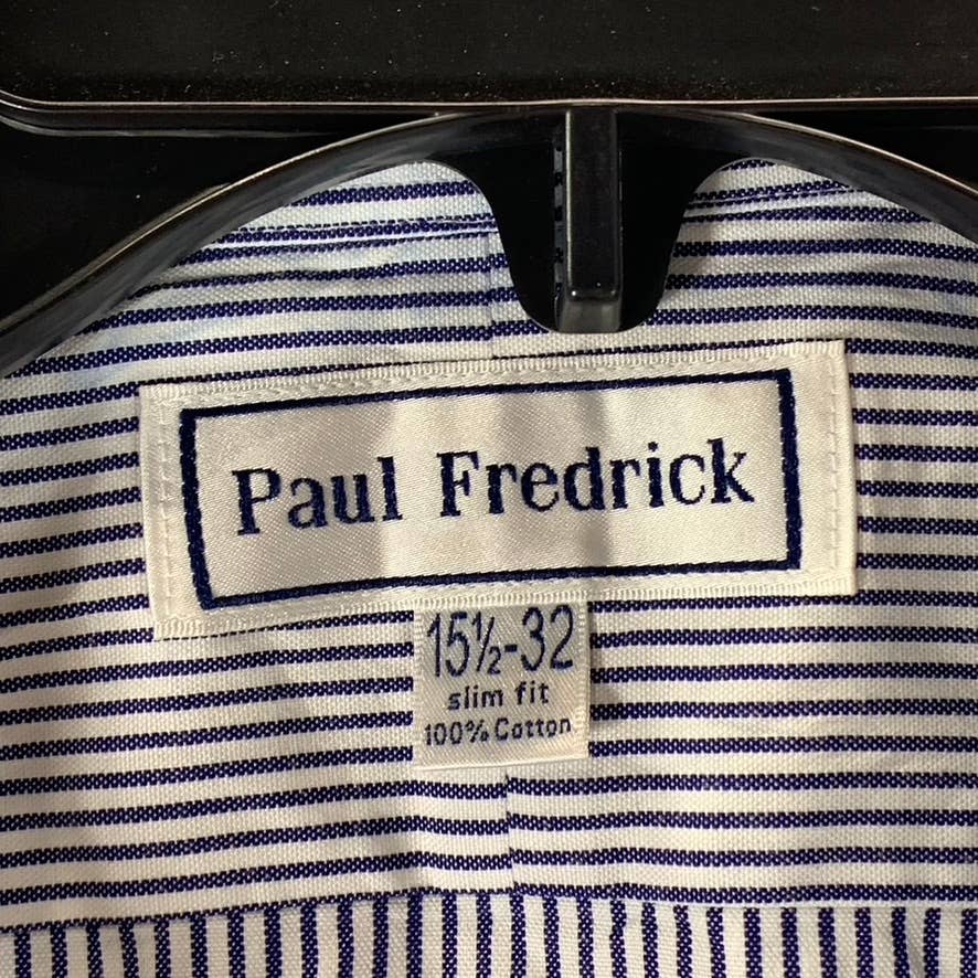 PAUL FREDRICK Men's Blue Pinstripe Button-Up Long-Sleeve Dress Shirt SZ 15.5-32