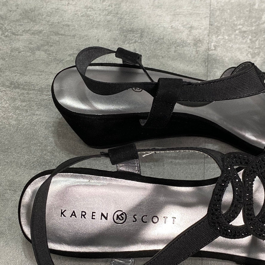 KAREN SCOTT Black Denice Embellished T-Strap Wedge Sandals SZ 11
