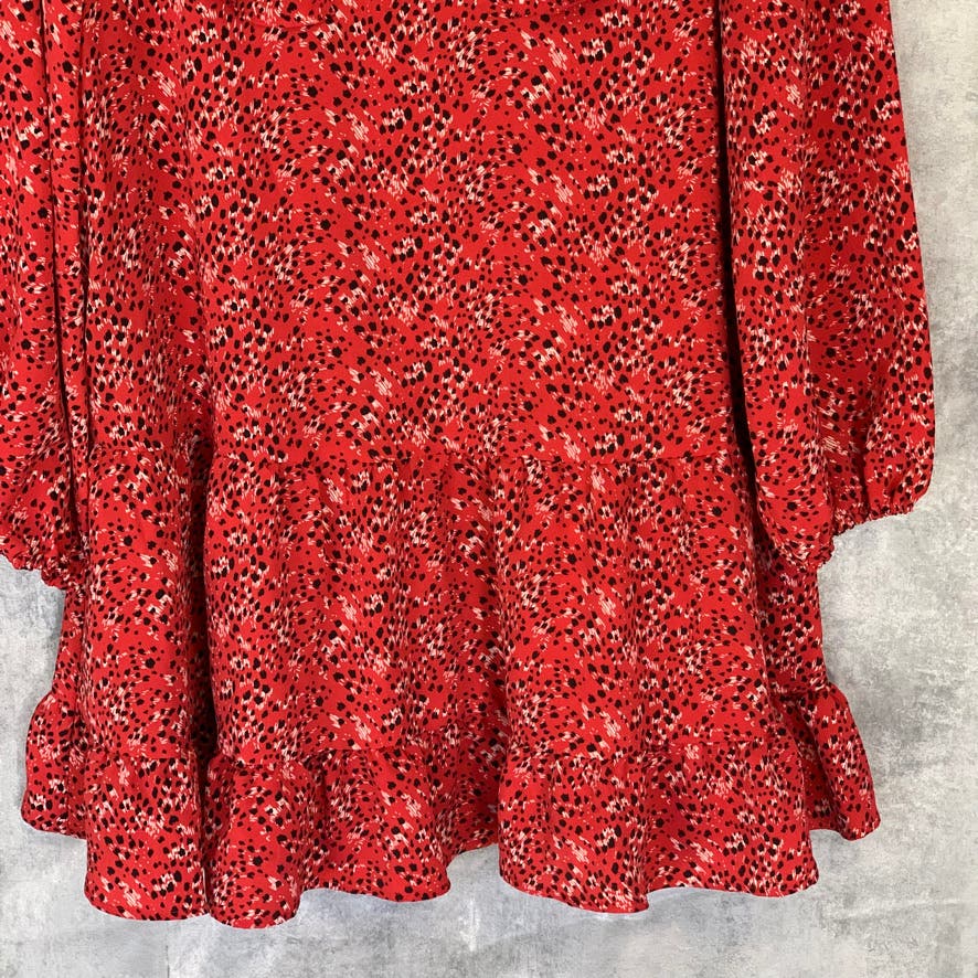 TOPSHOP Red Printed Round Neck Long Sleeve Ruffle Mini Dress SZ 8