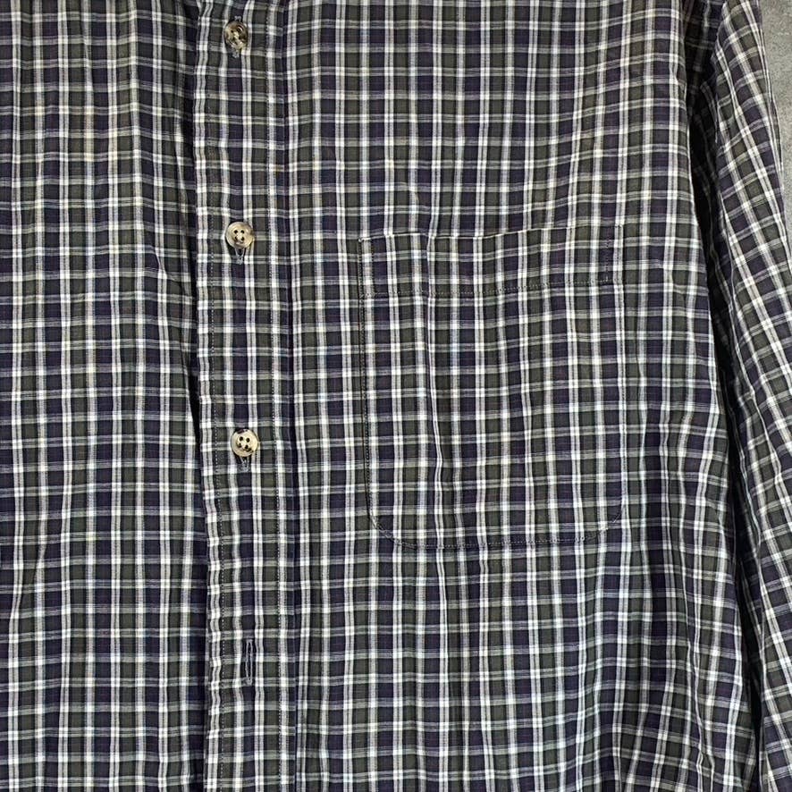 LANDS' END Men's Navy Mini Check Regular-Fit Button-Up Dress Shirt SZ 15.5-32