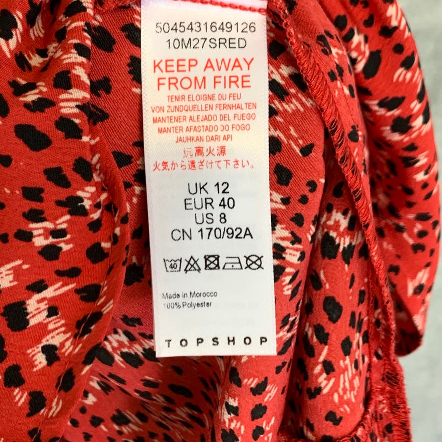 TOPSHOP Red Printed Round Neck Long Sleeve Ruffle Mini Dress SZ 8