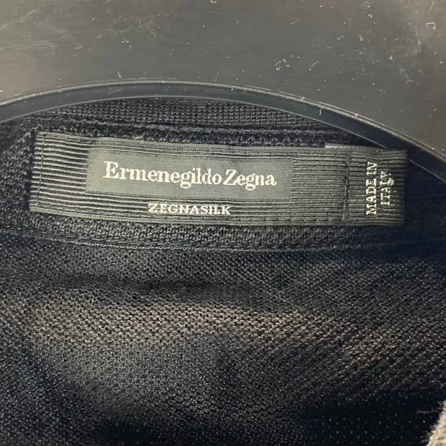 ERMENEGILDO ZEGNA Men's Black Textured Silk Blend Short-Sleeve Polo Shirt SZ L