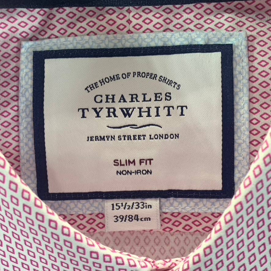 CHARLES TYRWHITT Men's Red Diamond Printed Non-Iron Slim-Fit Dress Shirt SZ 15.5
