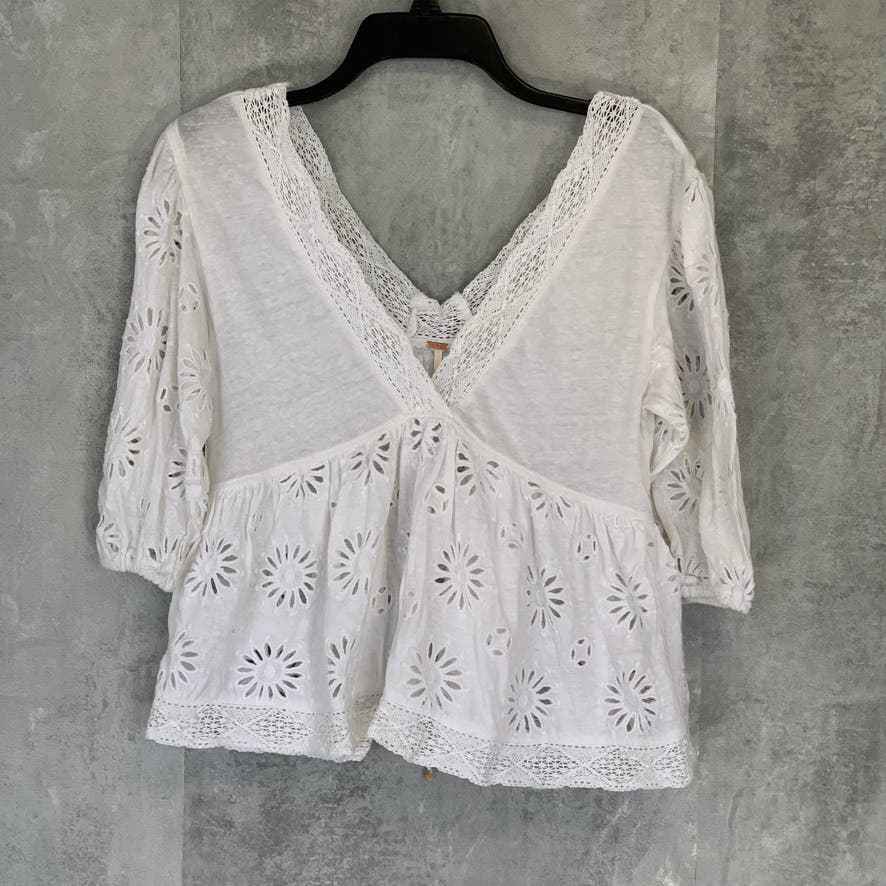 FREE PEOPLE White Embroidered V-Neck Sweeter Side Blouson Sleeve Lace-Up Top SZ XS