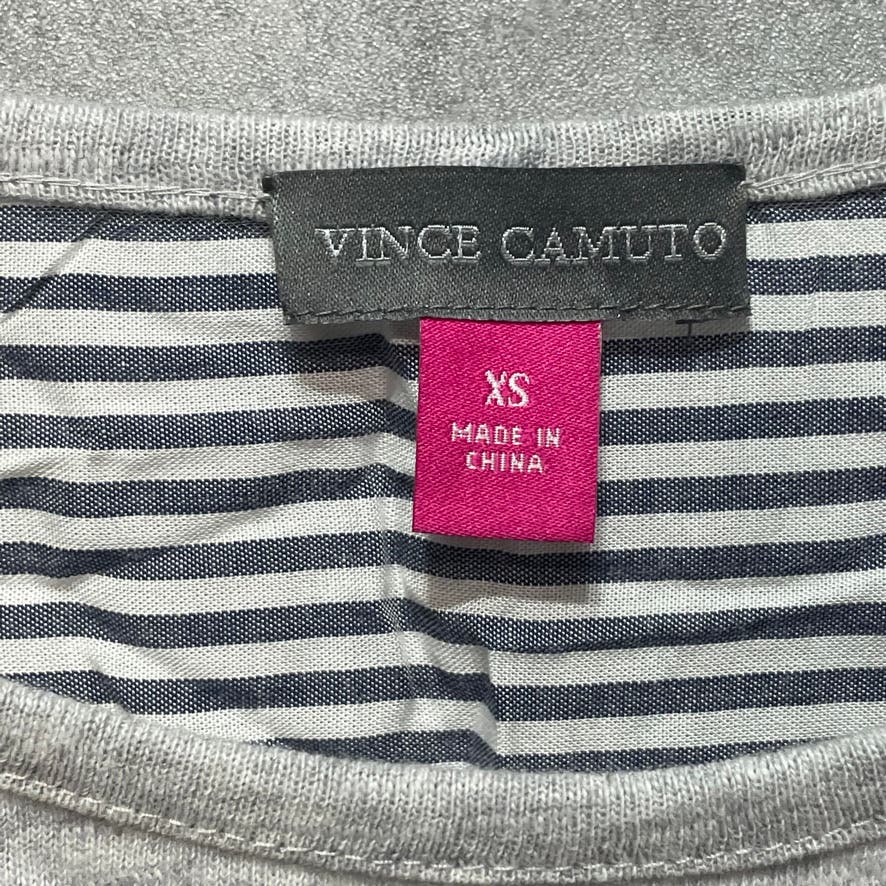 VINCE CAMUTO Grey Heather Scoop Neck Striped Button Back Long Sleeve Pullover Top SZ XS