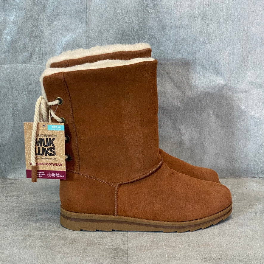 MUK LUKS Cognac Suede Ziggy Memory Foam Rodeo Pull-On Boots SZ 10