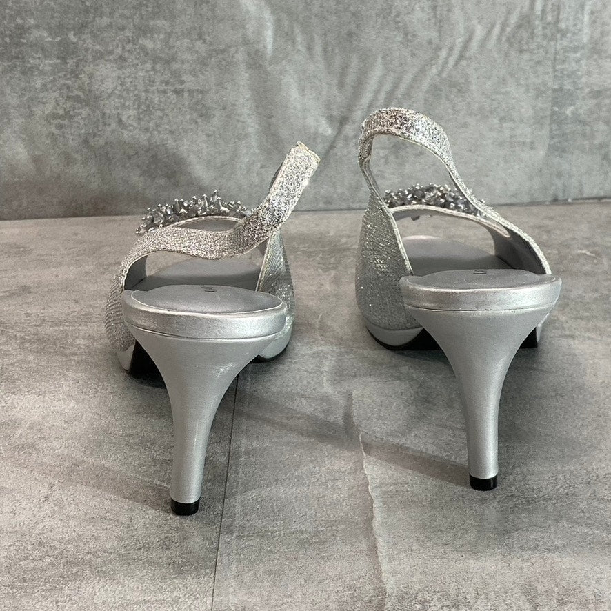 KAREN SCOTT Women's Silver Glitter Embellished Breena Peep-Toe Slingback Pumps SZ 10