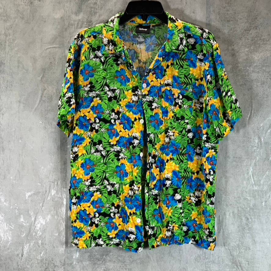 DISNEY Men's Green Mickey-Mouse Tropical Button-Up Short-Sleeve Shirt SZ M