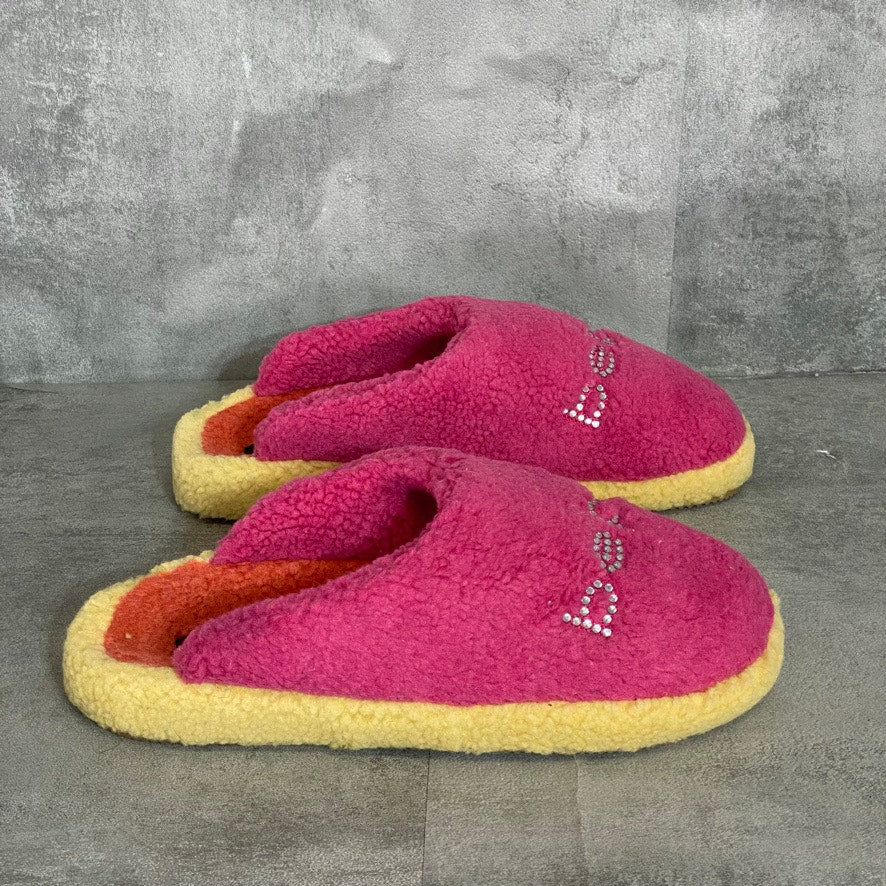 BEBE Fuchsia/Yellow Molly Faux Fur Embellished logo Slip-On Slippers SZ 10