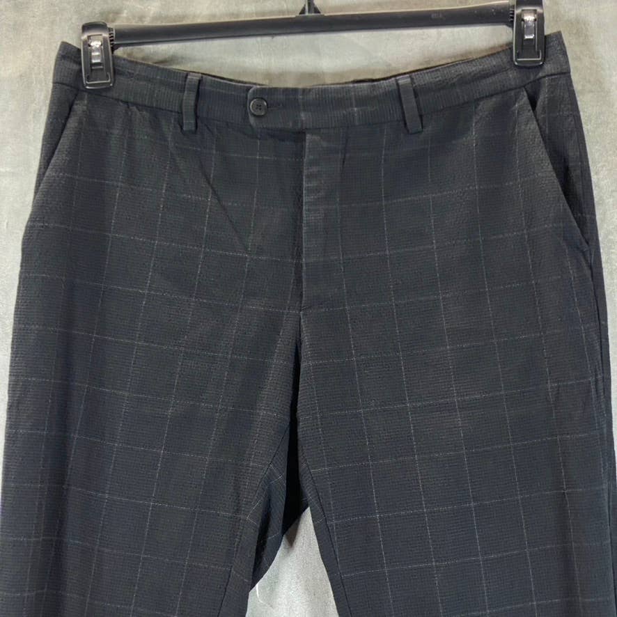 JOHN VARVATOS Men's Black Windowpane Flat-Front Straight-Leg Pants SZ 32