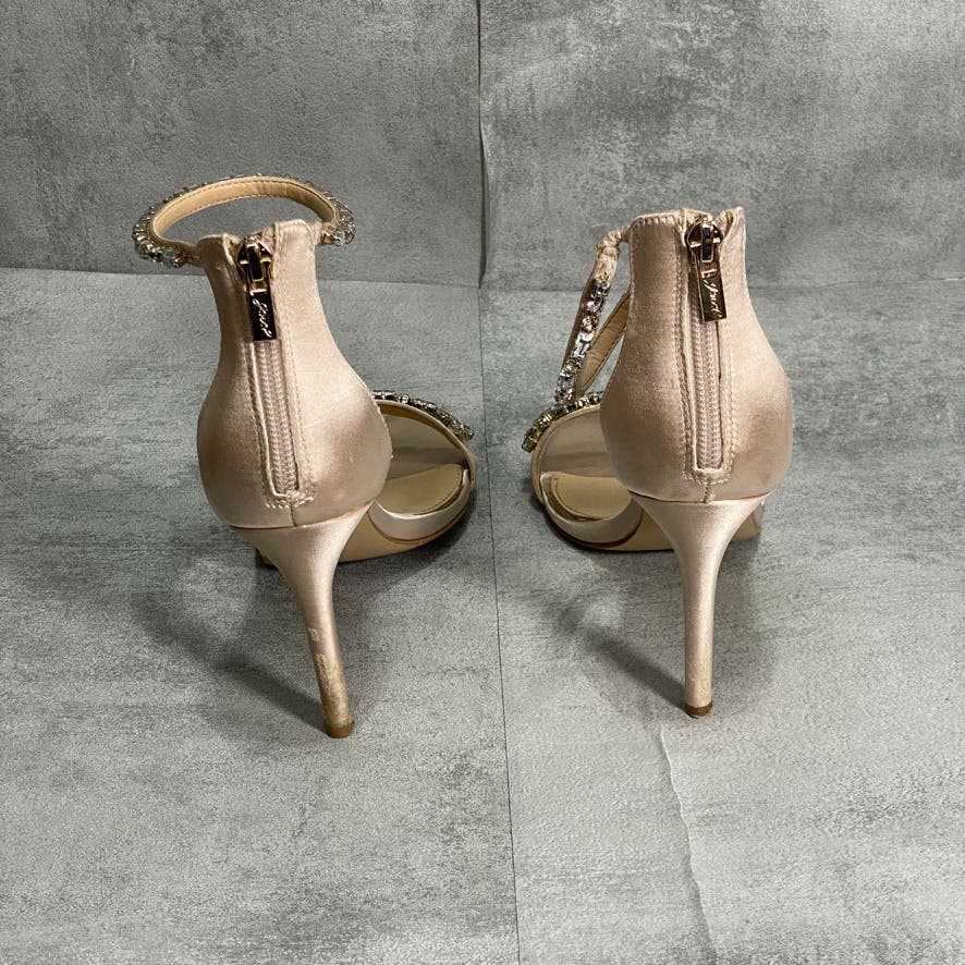 JEWEL BADGLEY MISCHKA Champagne Satin Campbell Embellished High Heel Sandals SZ 7.5