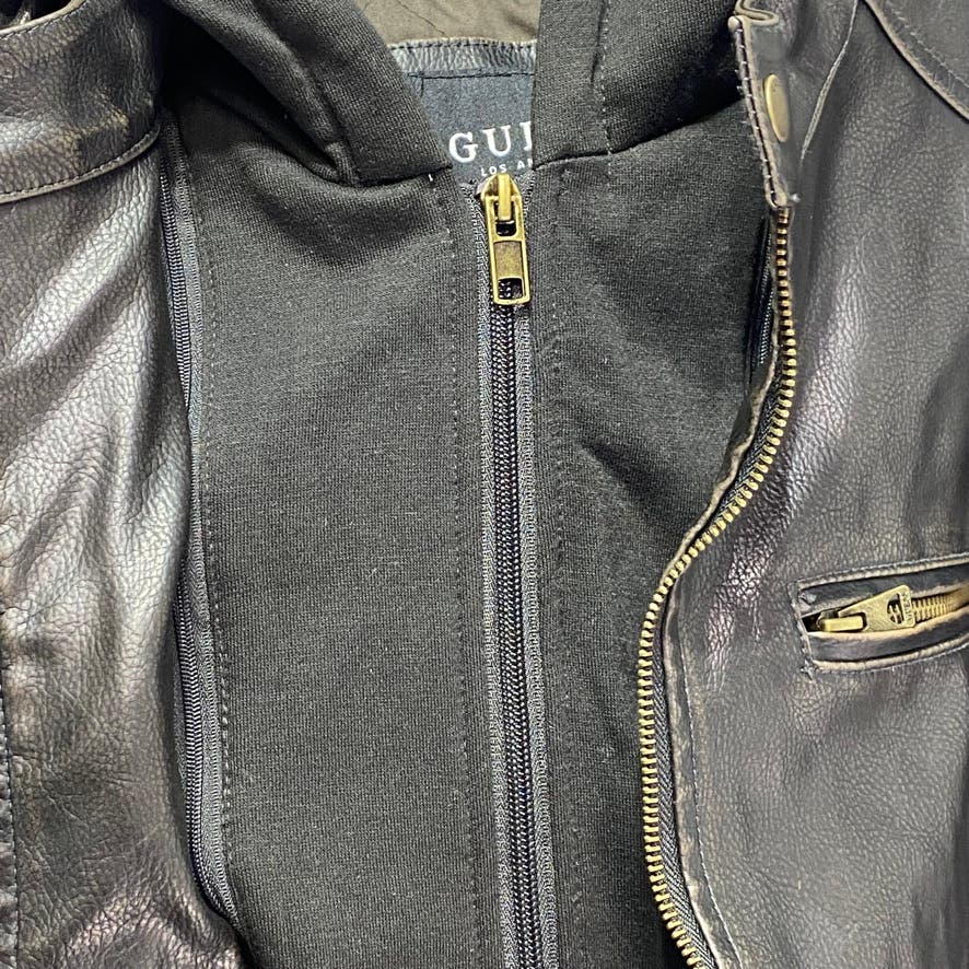 GUESS Dark Brown Faux-Leather Detachable-Hood Motorcycle Biker Jacket SZ L