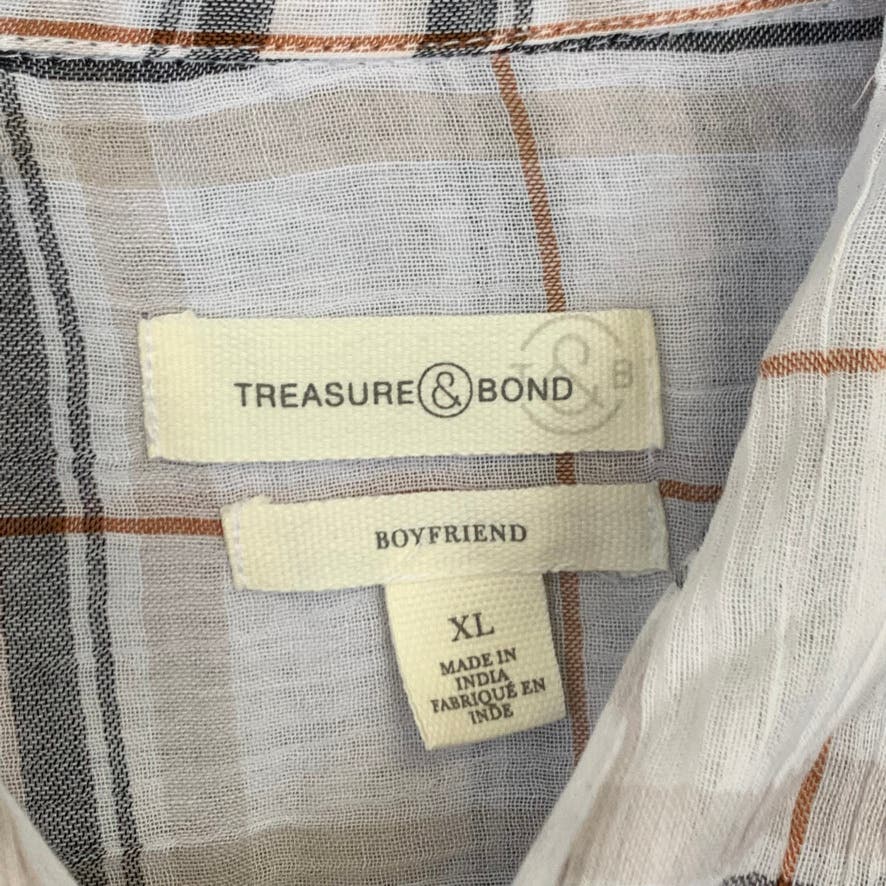 TREASURE & BOND White Plaid Long Sleeve Button-Up Crinkle Texture Cotton Top SZ XL