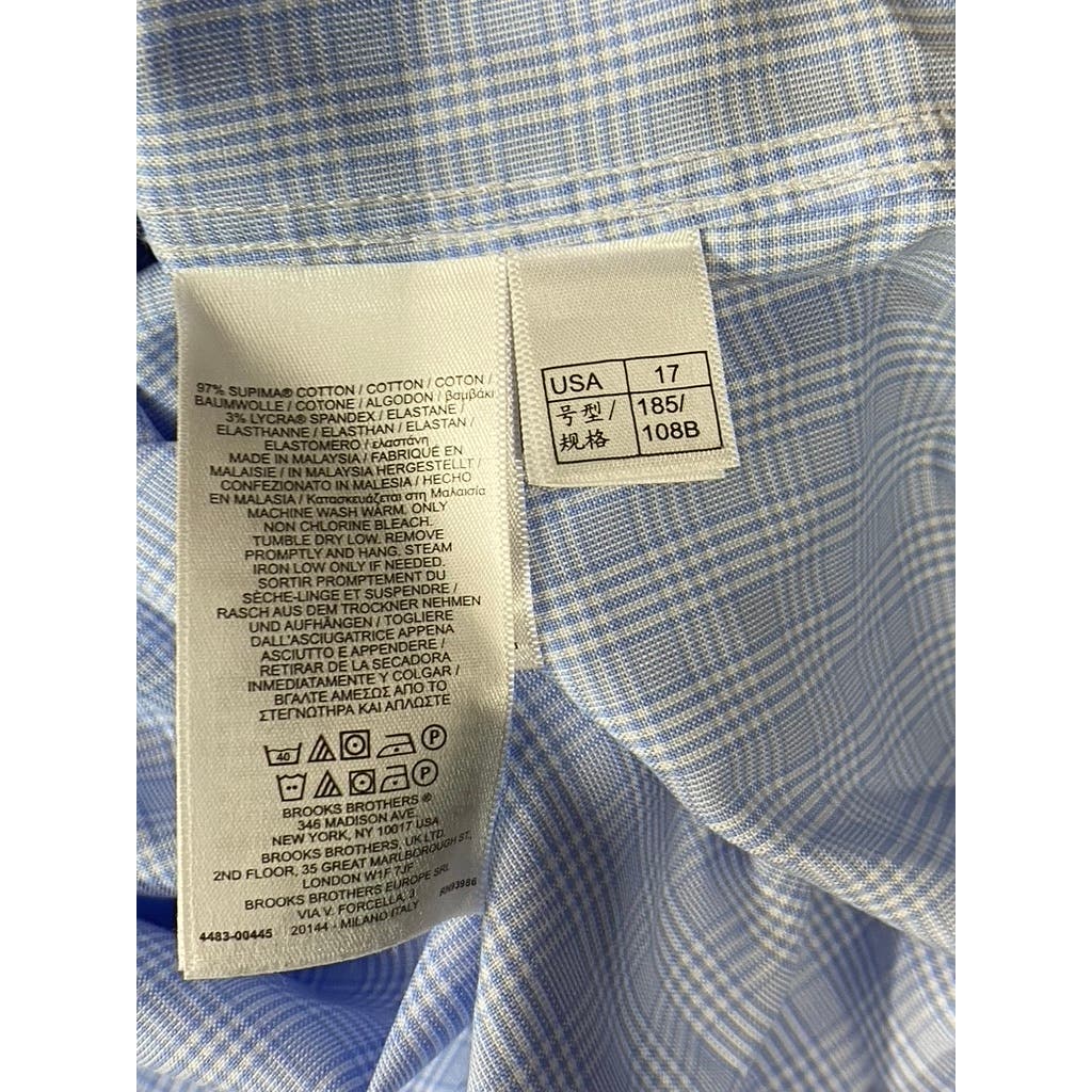 BROOKS BROTHERS Men's Light Blue Mini Check Regular-Fit Dress Shirt SZ 17-35