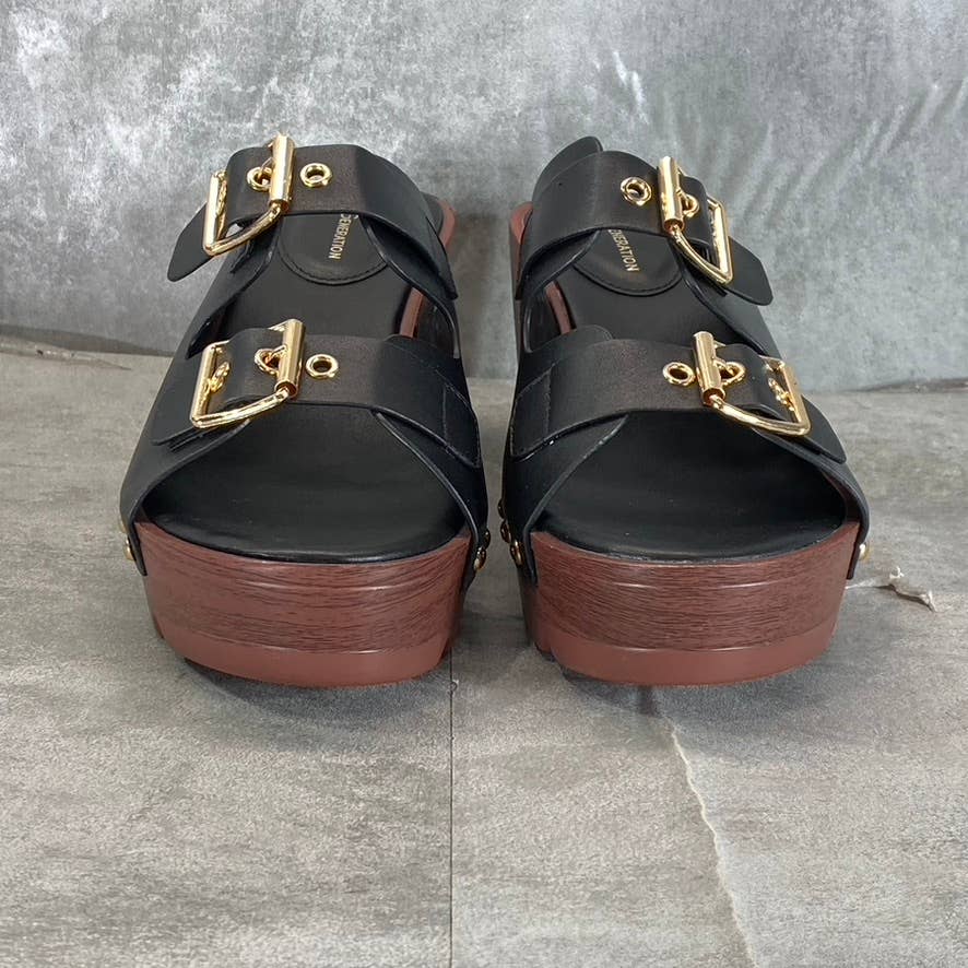 BCBGENERATION Women's Black Faux-Leather Yolanda Peep-Toe Clog Sandals SZ 9.5