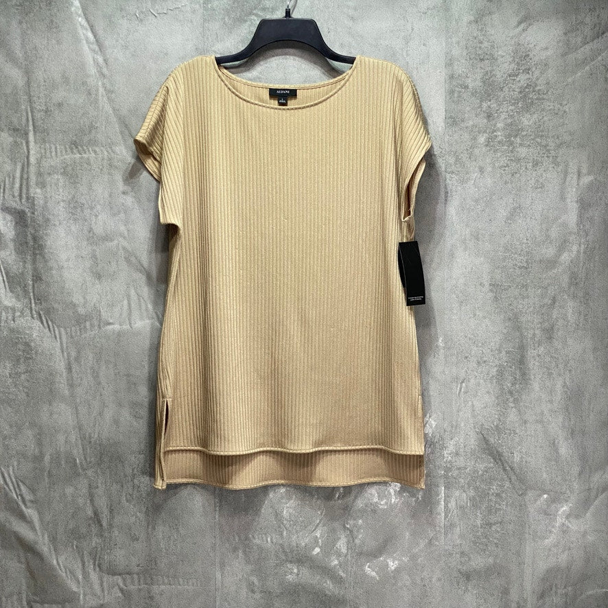 ALFANI Beige Ribbed High-Low Short Sleeve Scoop Neck Tunic Top SZ L