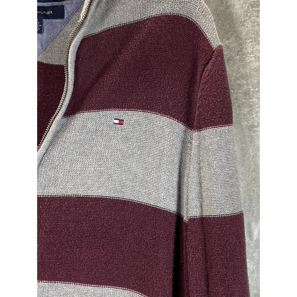 TOMMY HILFIGER Men's Grey/Burgundy Stand collar Zip-Up Sweater SZ S