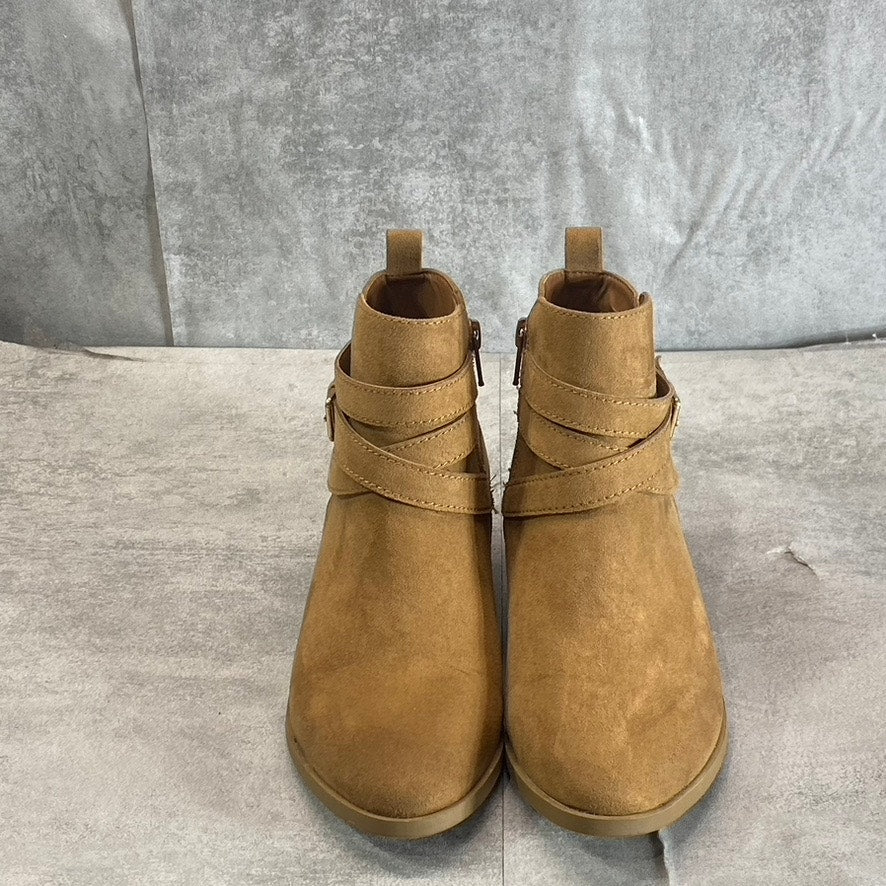 SUN+STONE Women's Tan Saandis Memory Foam Almond-Toe Block-Heel Ankle Boots SZ 5.5