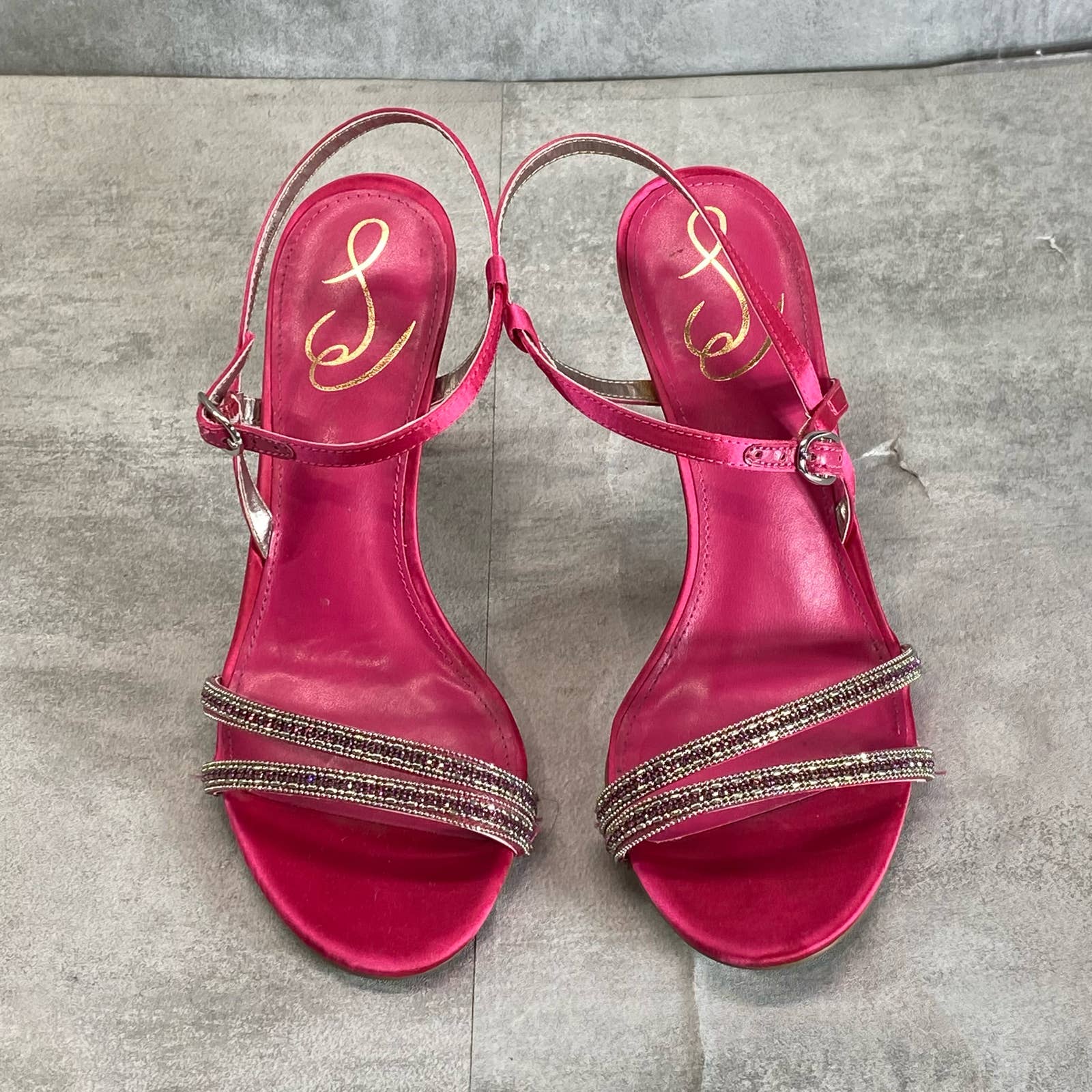 SAM EDELMAN Women's Bold Fuschia Satin Daisie Ankle Strap Stiletto Heels SZ 7