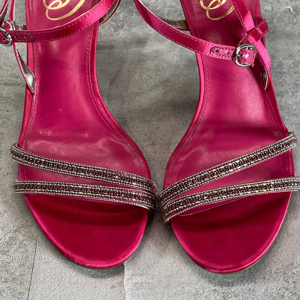 SAM EDELMAN Women's Bold Fuschia Satin Daisie Ankle Strap Stiletto Heels SZ 7