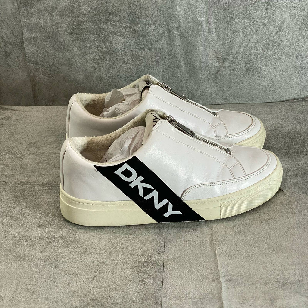 DKNY Women's White Caleb Logo Slip-On Zip-Up Sneakers SZ 6.5