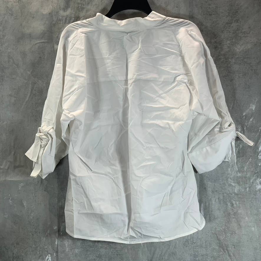 CALVIN KLEIN Women's White Solid V-Neck Elbow Tie-Sleeve Poplin Top SZ S