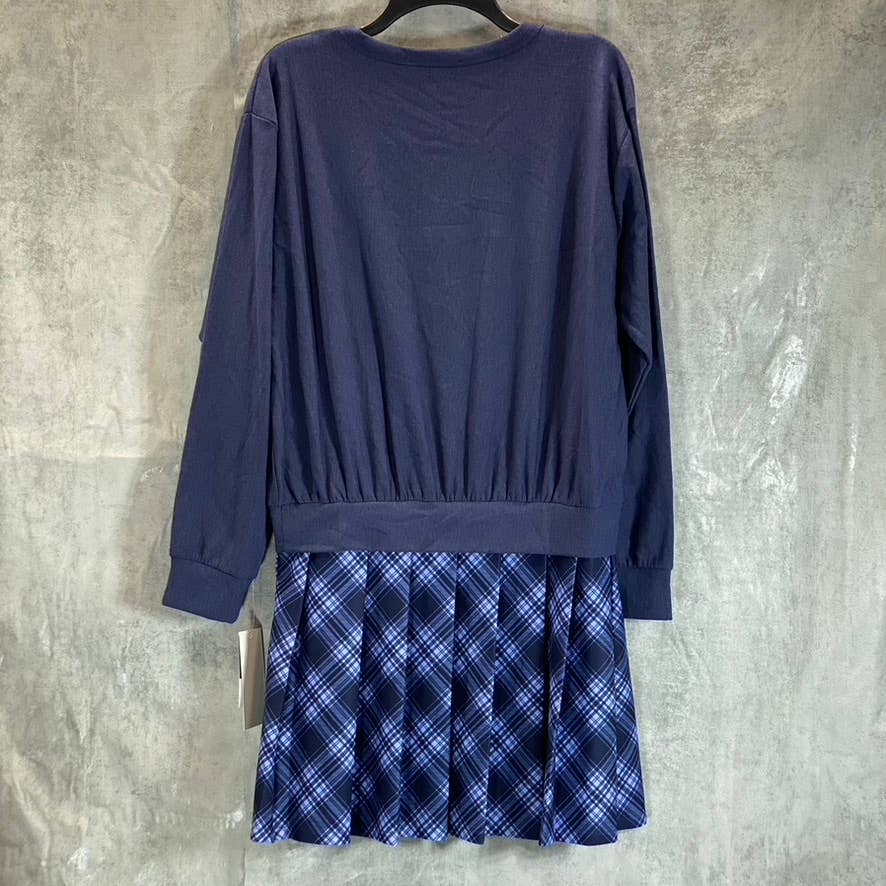 KINGSTON GREY Juniors' Navy Check Pleated Skirt Crewneck Mini Sweater Dress SZ L