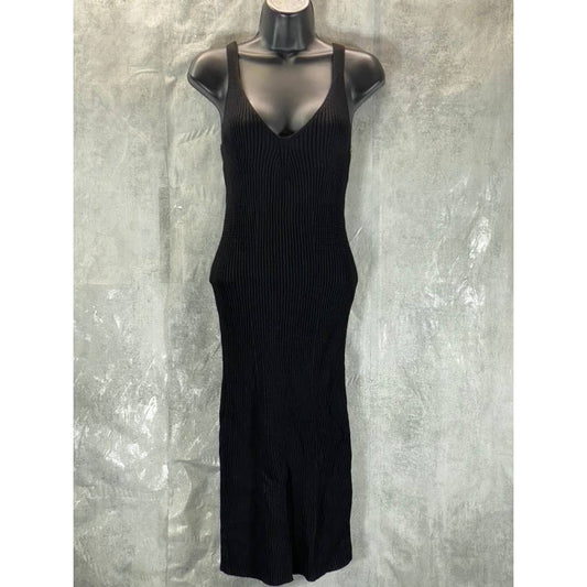 GUESS Women's Jet Black V-Neck Ribbed Engineered Bodycon Midi Dress SZ S