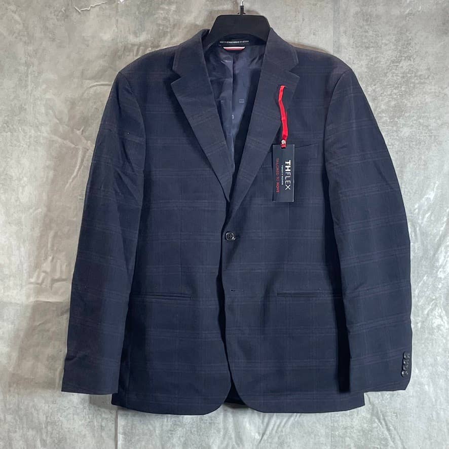TOMMY HILFIGER Men's Short Navy-Burgundy Plaid Modern-Fit Two-Button Blazer