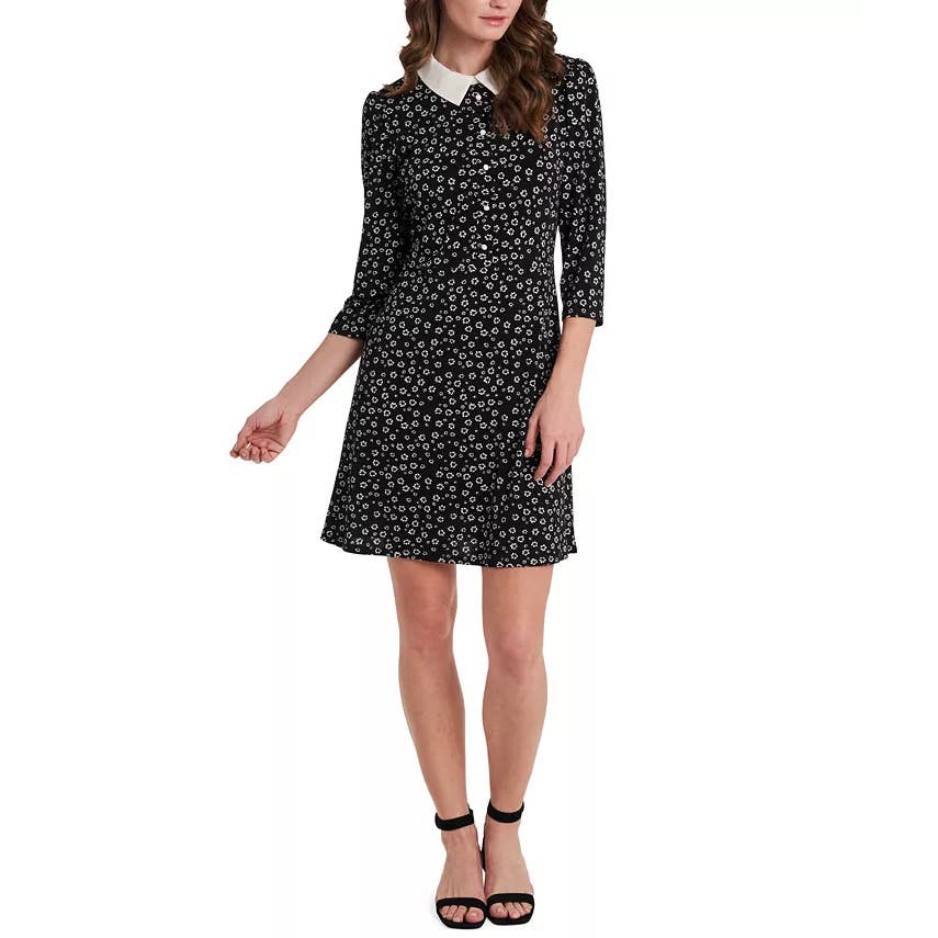 RILEY & RAE Women's Rich Black Ditsy-Print Collared 3/4 Puff Sleeve Dress SZ S