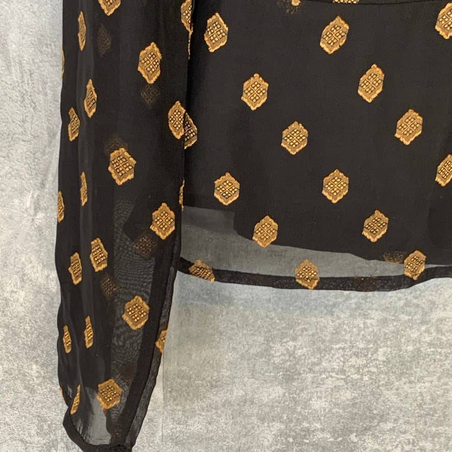 CHELSEA28 Black Gold Geo Dot Sheer Long Sleeve Wrap Top SZ S