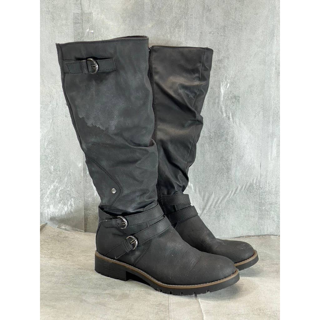 SUN+STONE Women's Black Brinley Strapped Lug-Sole Tall Boots SZ 11