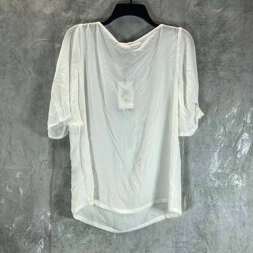 DKNY Women's Linen White Crewneck Imitation-Pear-Trim Elbow-Sleeve Top SZ M