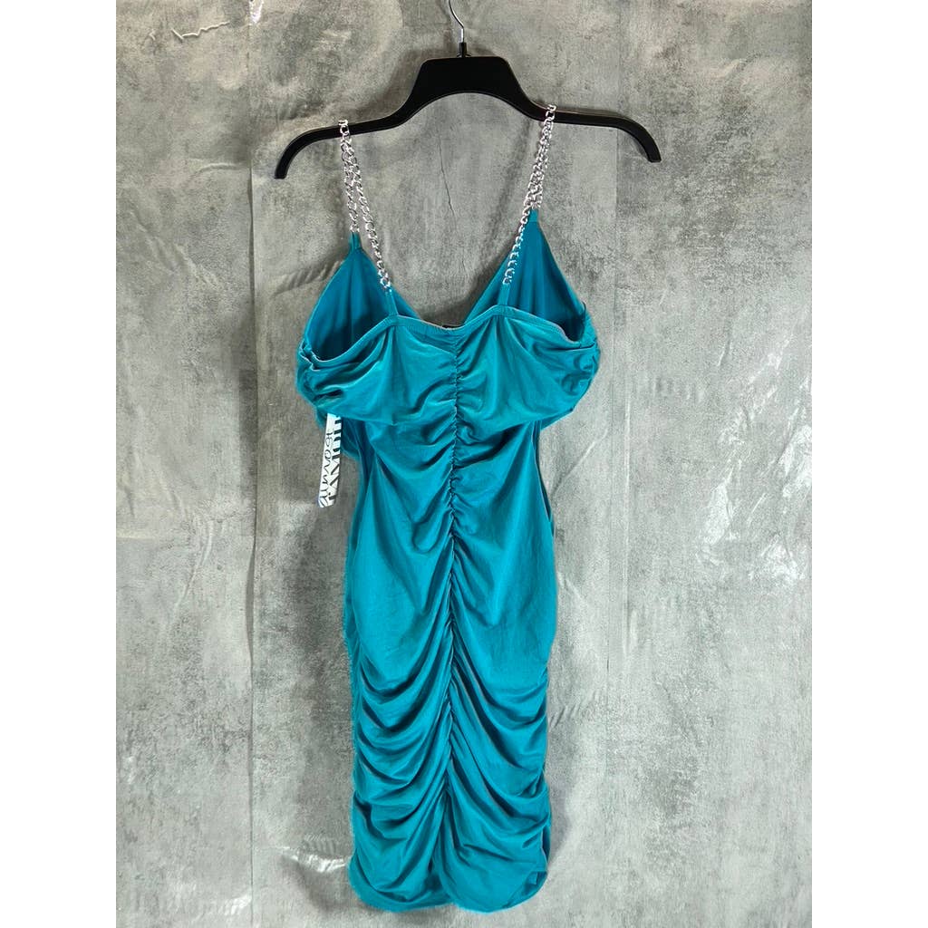ALMOST FAMOUS Juniors' Aqua Chain-Strap Side Cutout Ruched Bodycon Dress SZ M