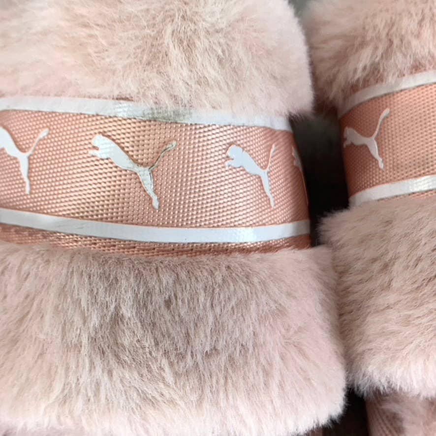 PUMA Women's Lotus-Puma White Faux-Fur Fluff Remix Slide Slippers SZ 5