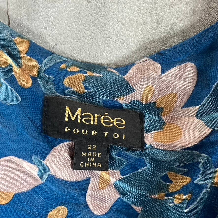 MAREE POUR TOI Women's Plus Size Blue Floral Burnout Silk3/4 Sleeve Wrap Dress