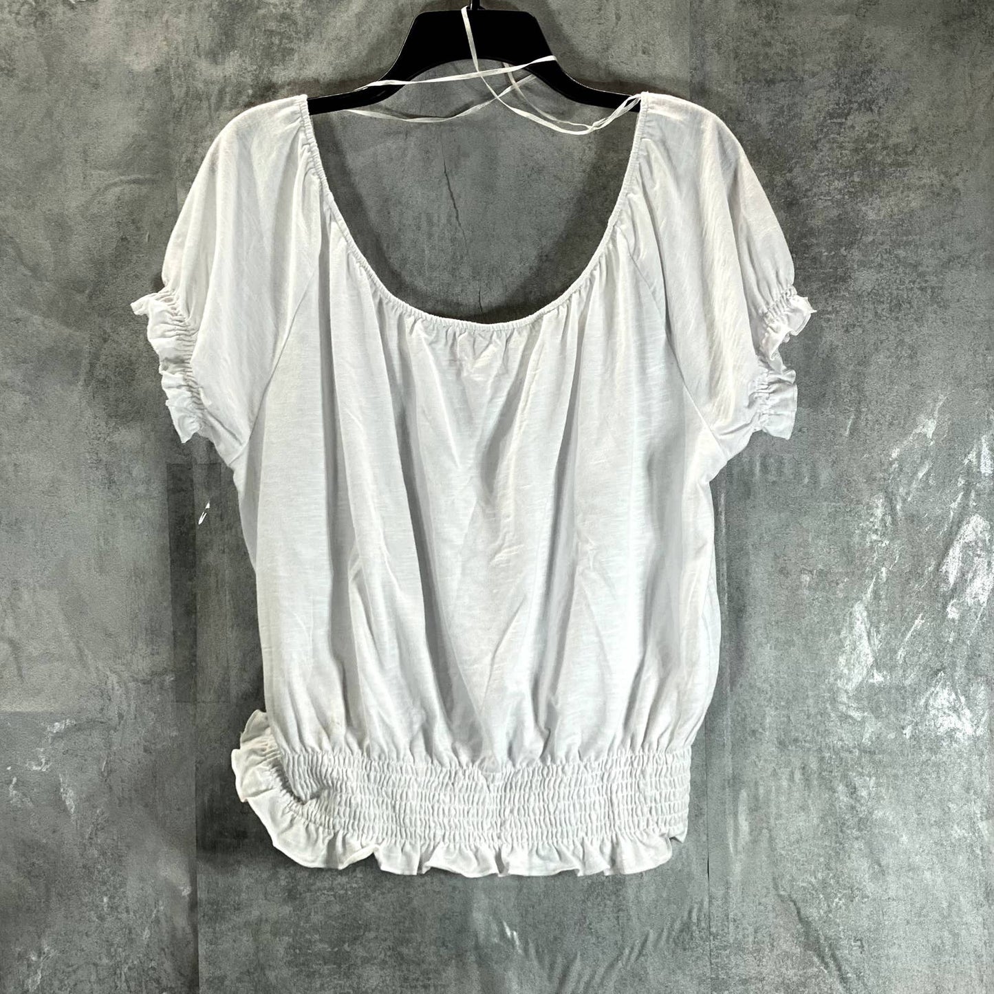 TOMMY JEANS Women's White Smocked Scoop-Neck Short Sleeve Peasant Top SZ L