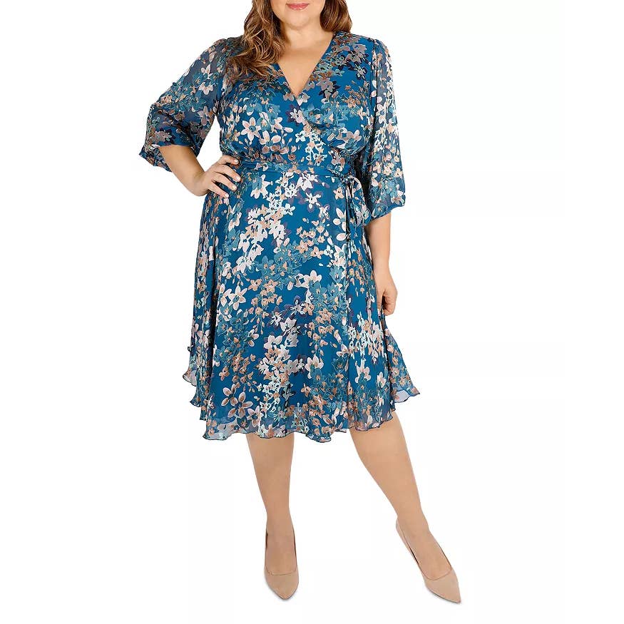 MAREE POUR TOI Women's Plus Size Blue Floral Burnout Silk3/4 Sleeve Wrap Dress