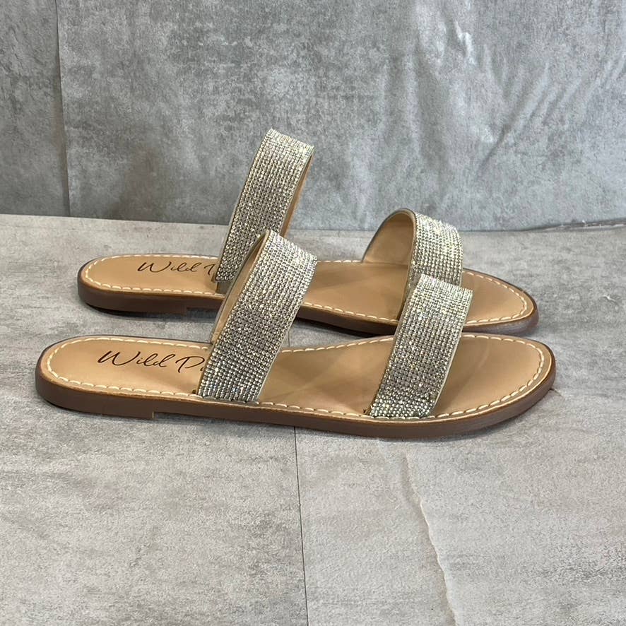 WILD PAIR Women's Sliver Bling Embellished Double-Strap Ginnie Slide Sandals SZ9