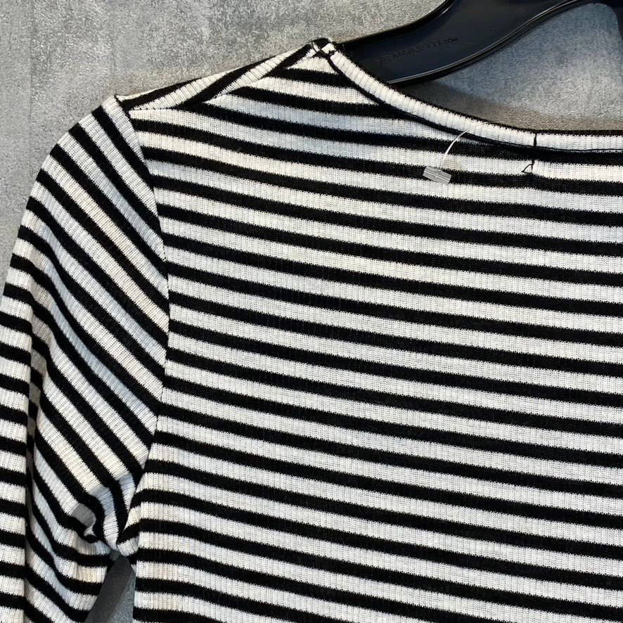 VELVET TORCH Women's Black-White Striped V-Neck 3/4 Sleeve Ruched Mini Dress