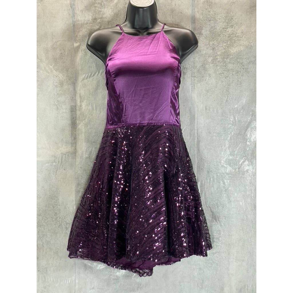 CITY STUDIO Juniors' Purple Satin Sequin-Hem Mini Fit & Flare Dress SZ 11