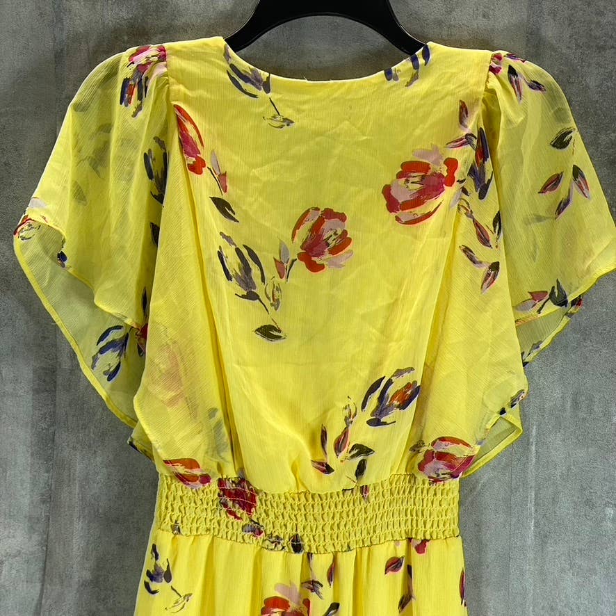 DKNY Women's Yellow Floral Smocked Flutter Short-Sleeve Hi-Low Hem Midi Dress
