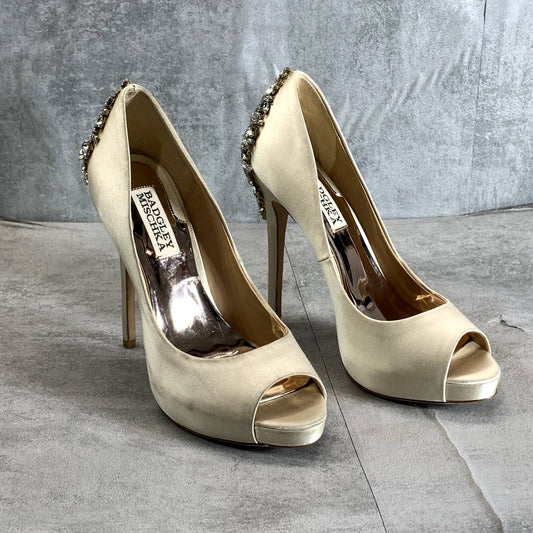 BADGLEY MISCHKA Ivory Satin Kiara Embellished Open Peep-Toe Stiletto Pumps SZ 6