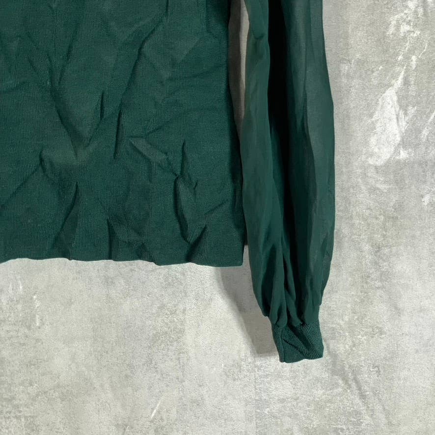 INC INTERNATIONAL Women's Dark Green Mock-Neck Cutout Long Puff Sleeve Top SZ S