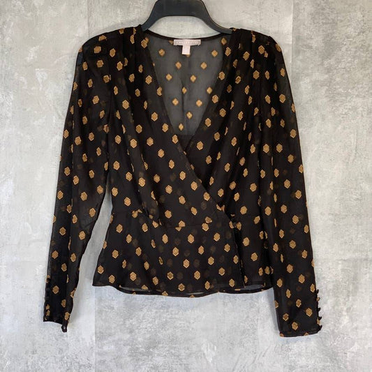 CHELSEA28 Black Gold Geo Dot Sheer Long Sleeve Wrap Top SZ S