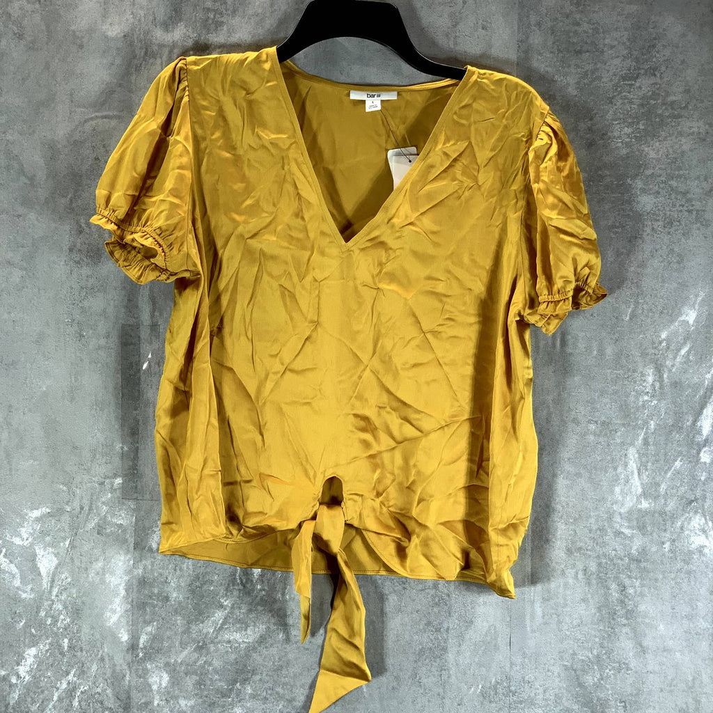 BAR III Women's Varsity Gold V-Neck Puff Short-Sleeve Tie-Front Top SZ L