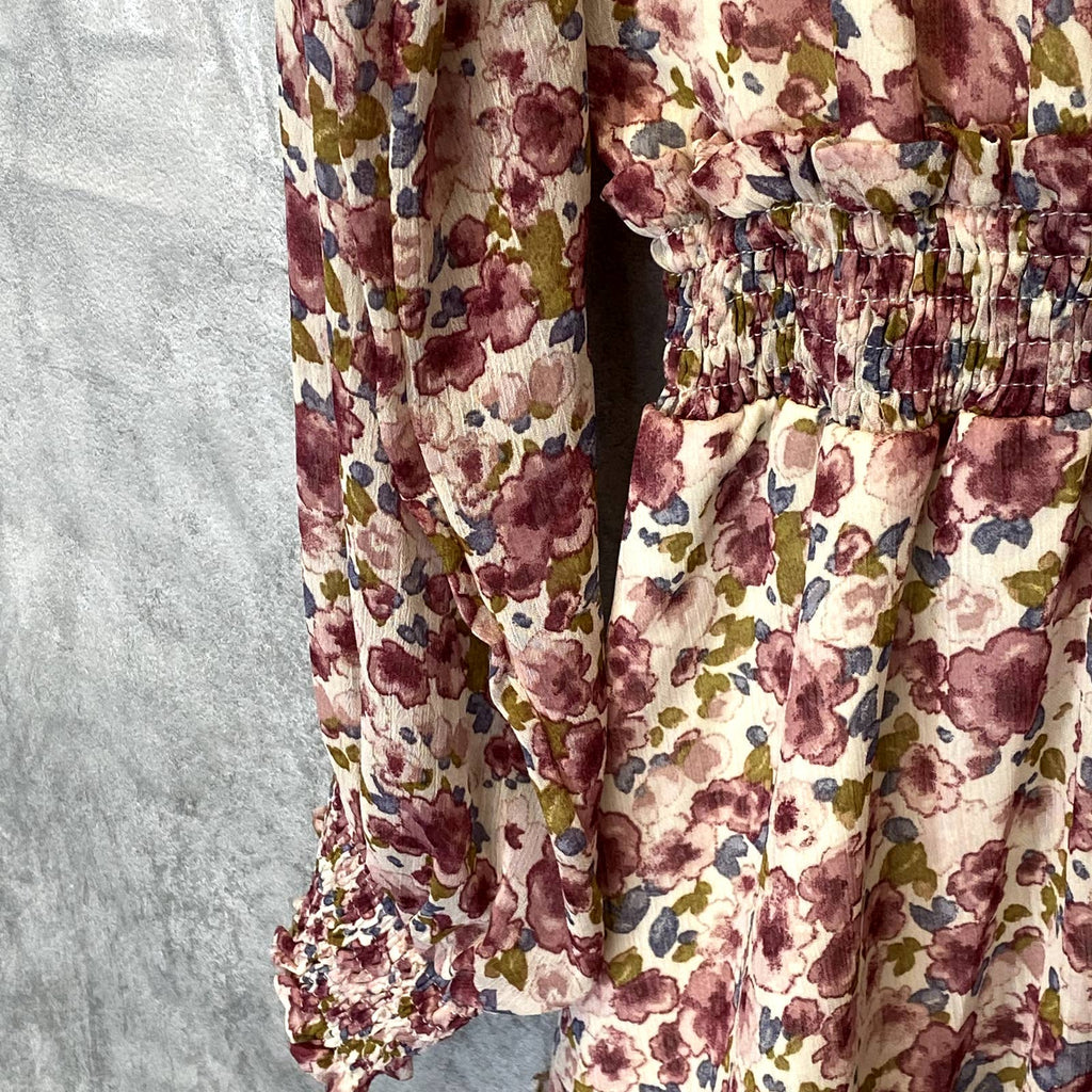 VICI COLLECTION Women's Natural Multi Floral Long Sleeve Smocked Mini Dress SZ M