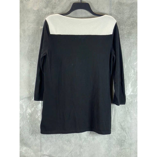 KAREN SCOTT Women's Deep Black Colorblocked Boat-Neck 3/4 Sleeve Top SZ M