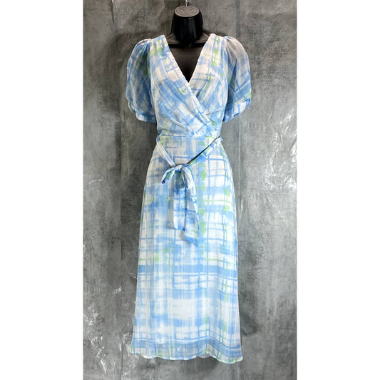 DKNY Women's Light Blue Plaid Faux-Wrap Puff Mesh-Sleeve Midi Dress SZ 8