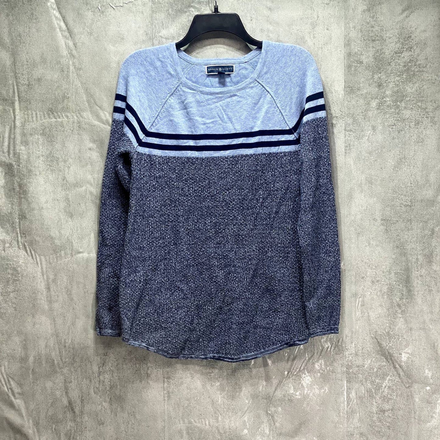 KAREN SCOTT Blue Marisa Cotton Colorblock Textured Curve-Hem Pullover Sweater SZ S